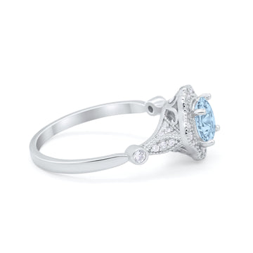 Halo Vintage Style Engagement Ring Simulated Aquamarine CZ 925 Sterling Silver